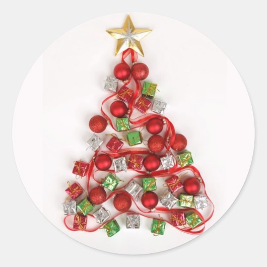 Kerstboom met geschenken Ornamenten lintster Ronde Sticker (Voorkant)