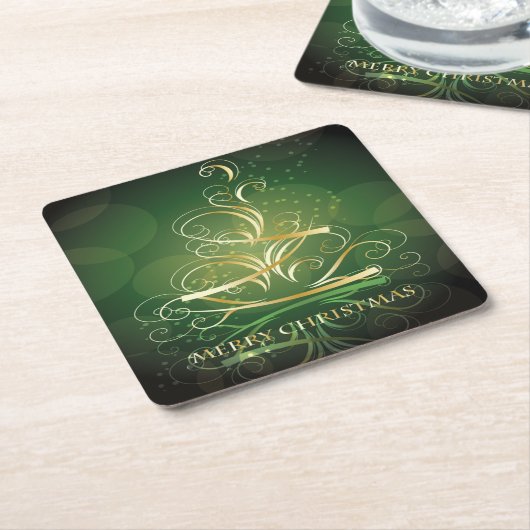 Kerstboom met golvende gouden lint kartonnen onderzetters (Schuin)