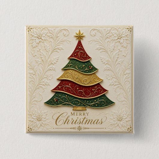 Kerstboom met gouden emaille versiering vierkante button 5,1 cm (Voorkant)