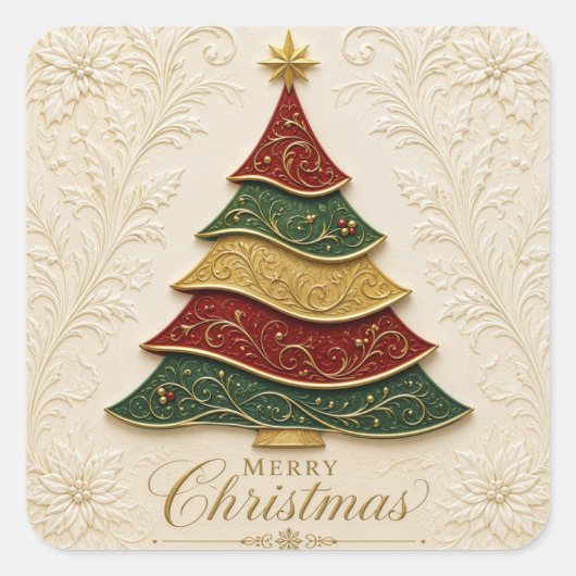 Kerstboom met gouden emaille vierkante sticker (Voorkant)