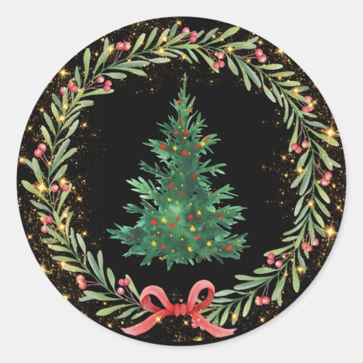 Kerstboom met gouden sprankelende rode bessen ronde sticker (Voorkant)