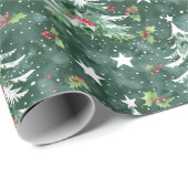 Kerstboom met Holly bessen & sneeuwvlokken Cadeaupapier (Rol Hoek)