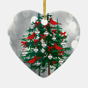 kerstboom met honkbal met rode vogels keramisch ornament