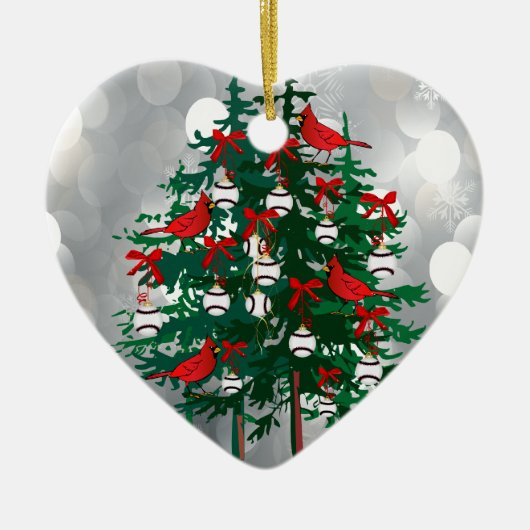 kerstboom met honkbal met rode vogels keramisch ornament (Voorkant)