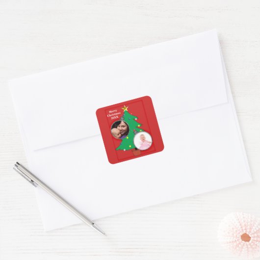 kerstboom met je foto's vierkante sticker (Envelop)
