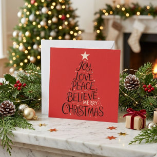 Kerstboom met Joy Love Peace Believe Merry Christm Feestdagenkaart