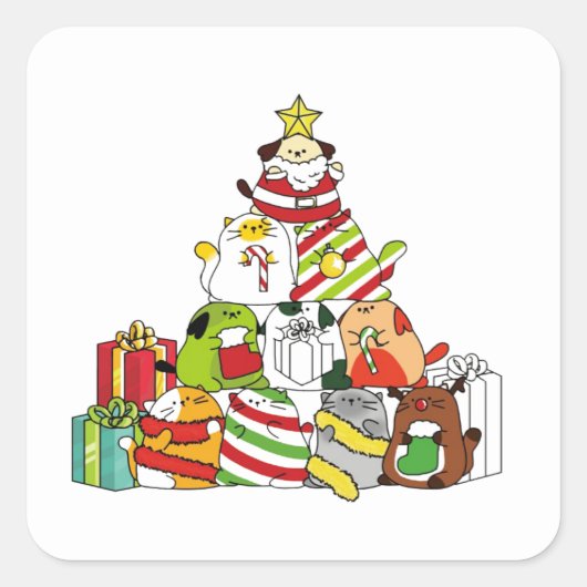 Kerstboom met katten en honden vierkante sticker (Voorkant)