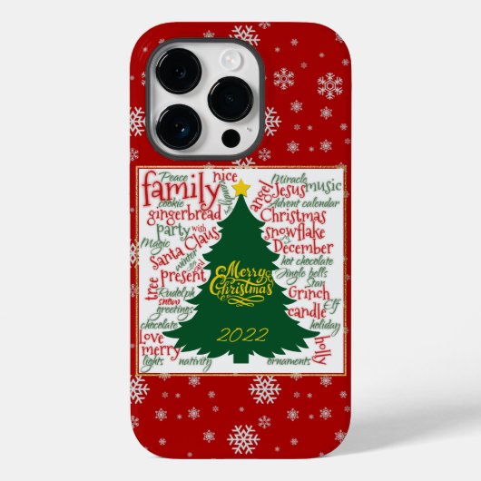 Kerstboom met kerstwoorden en sneeuwvlokken Case-Mate iPhone case (Achterkant)