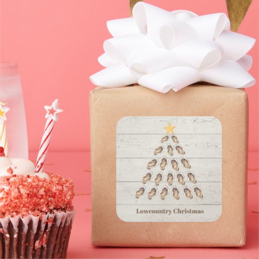 Kerstboom met lage oosterlengte op houten plaat vierkante sticker (Feest)