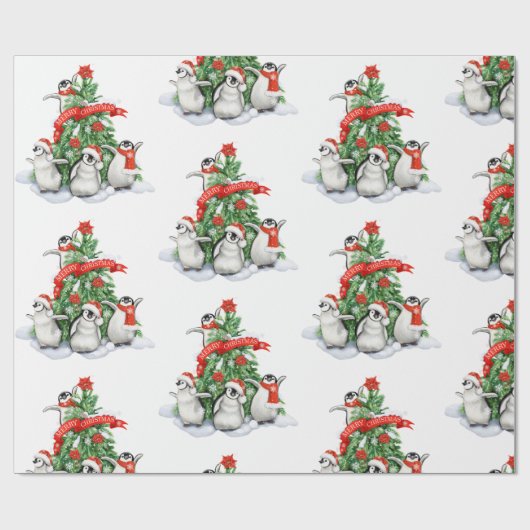 kerstboom met pinguïns kerst cadeaupapier (Vlak)