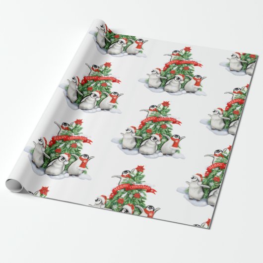 kerstboom met pinguïns kerst cadeaupapier (Uitgerold)