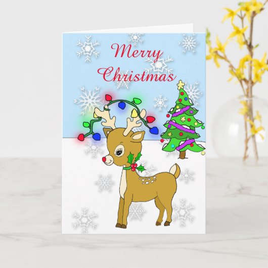 Kerstboom met rendieren- en kerstlampjes kaart (Gele Bloem)