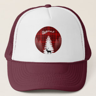 kerstboom met rendieren en kerstman in rood geruit trucker pet