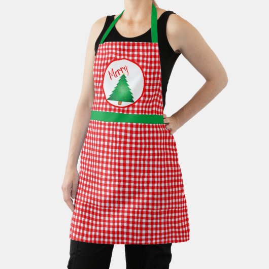Kerstboom met rode Gingham Festive Holiday Schort (Insitu)