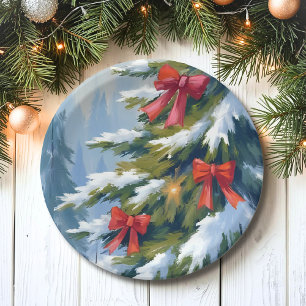 Kerstboom met rode strik   Waterverfschilderij Papieren Bordje