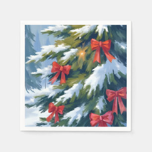 Kerstboom met rode strik Waterverfschilderij Servet