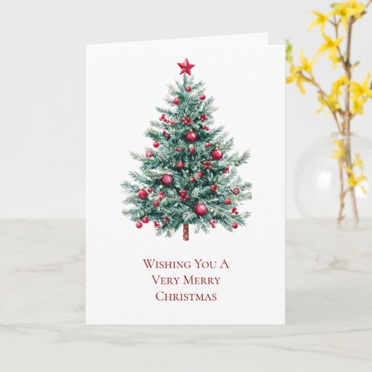 Kerstboom met rode versieringen en ster kaart (Gele Bloem)