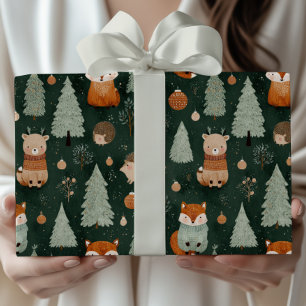 Kerstboom met rode vos donkergroen fantasievol des cadeaupapier