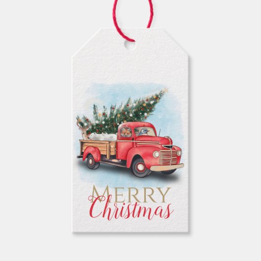  kerstboom met rode vrachtwagen cadeaulabel (Voorkant)