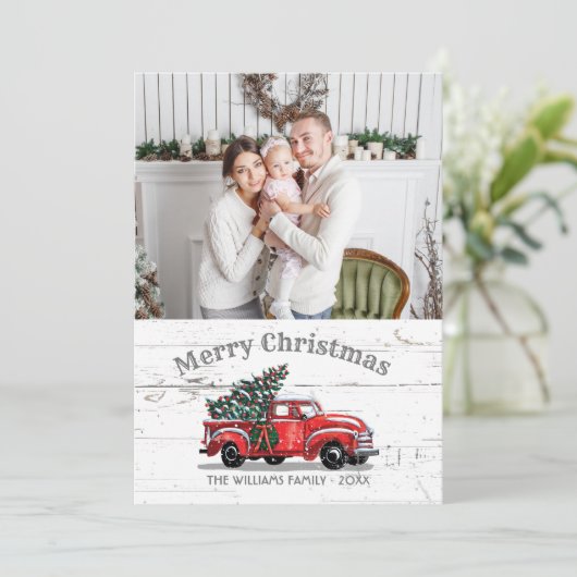  kerstboom met rode vrachtwagen Foto Rustic Feestdagenkaart (Staand voorkant)