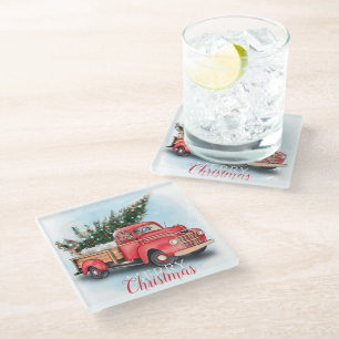  kerstboom met rode vrachtwagen glazen onderzetter