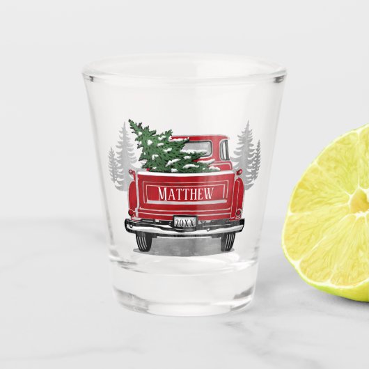 kerstboom met rode vrachtwagen: Jaar Shot Glas (Voorkant)