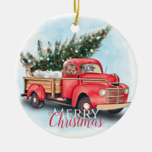  kerstboom met rode vrachtwagen keramisch ornament