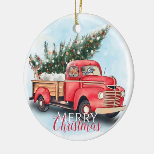  kerstboom met rode vrachtwagen keramisch ornament (Links)