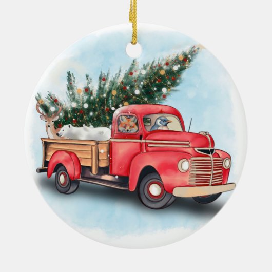 kerstboom met rode vrachtwagen keramisch ornament (Achterkant)