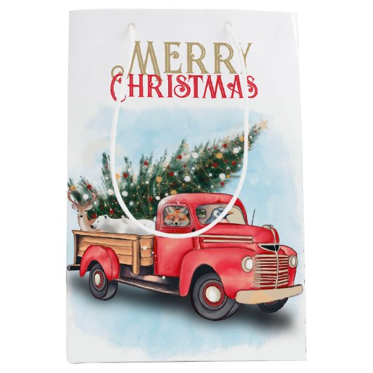  kerstboom met rode vrachtwagen medium cadeauzakje (Voorkant)