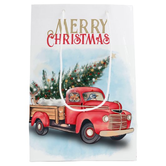  kerstboom met rode vrachtwagen medium cadeauzakje (Achterkant)