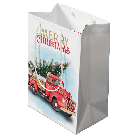  kerstboom met rode vrachtwagen medium cadeauzakje (Achterkant Gekanteld)