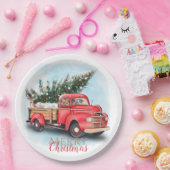  kerstboom met rode vrachtwagen papieren bordje (Feest)