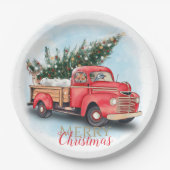  kerstboom met rode vrachtwagen papieren bordje (Voorkant)