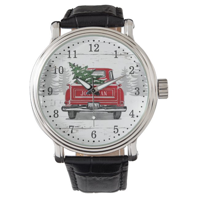  kerstboom met rode vrachtwagen Rustige ronde Horloge (Voorkant)