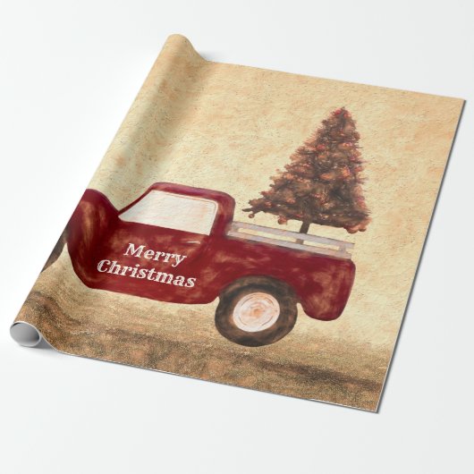  kerstboom met rode vrachtwagen Rustische boerderi Cadeaupapier (Uitgerold)