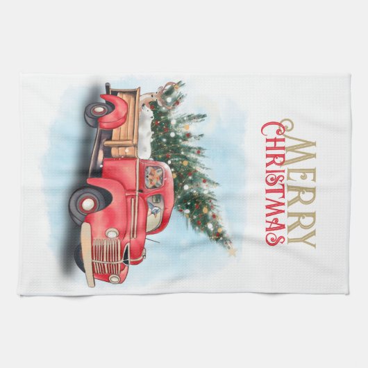  kerstboom met rode vrachtwagen theedoek (Horizontaal)