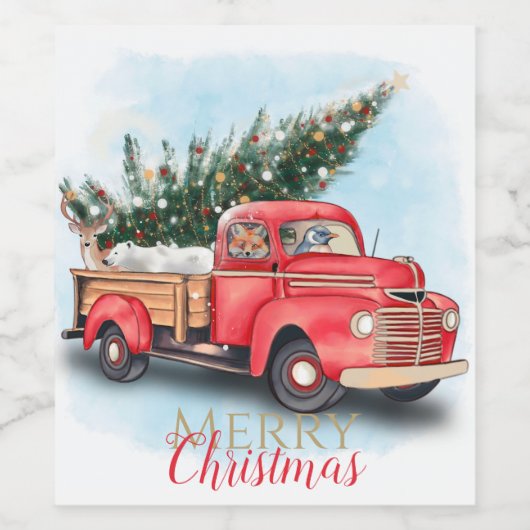  kerstboom met rode vrachtwagen wijn etiket (Enkel label)