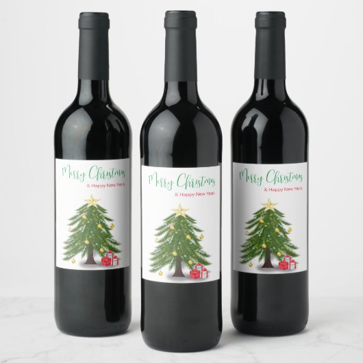 kerstboom met rood cadeau wijn etiket (Flessen)