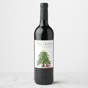kerstboom met rood cadeau wijn etiket