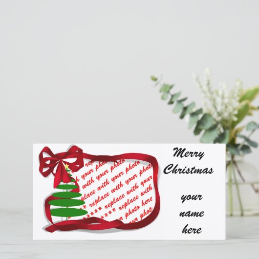 Kerstboom met rood lint feestdagenkaart (Staand voorkant)