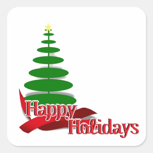 Kerstboom met rood lint vierkante sticker (Voorkant)