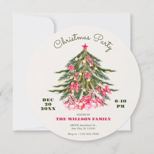 Kerstboom met roze strik en geschenken kaart (Voorkant)