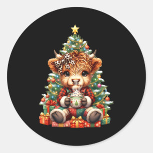 Kerstboom met Schotse Hooglanders Koe Cute Kalf Ronde Sticker