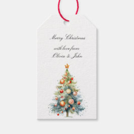 Kerstboom met sinaasappel rode ornamenten cadeaulabel