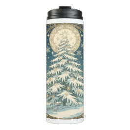 Kerstboom met sneeuw en stervormige decoraties thermosbeker