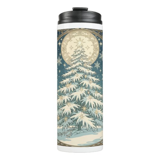 Kerstboom met sneeuw en stervormige decoraties thermosbeker (Voorkant)