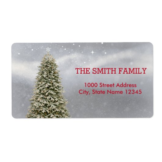 Kerstboom met sneeuwachtergrond etiket (Voorkant)