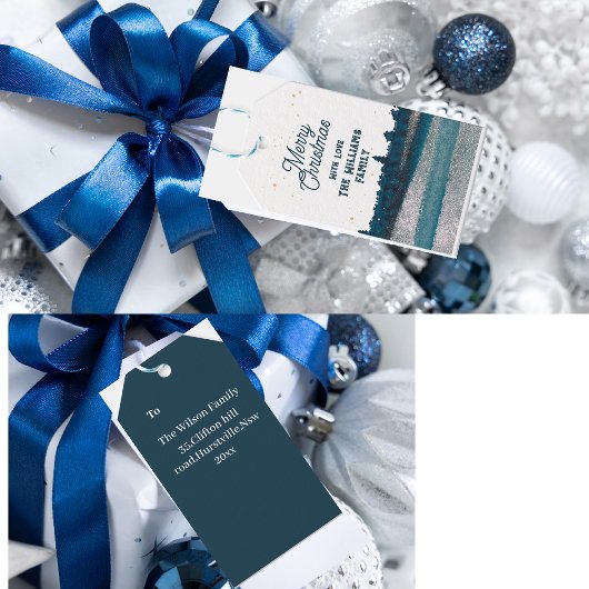 kerstboom met sneeuwkerkerst cadeaulabel