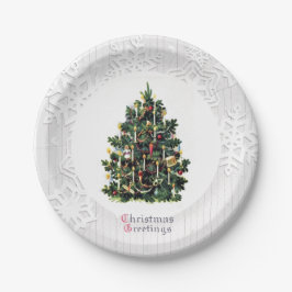 Kerstboom met Sneeuwvlokken Vintage Papieren Bordje